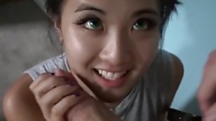Green Eyed Asian THROATFUCK white cock POV amp; gets creampie Sukisukigirl